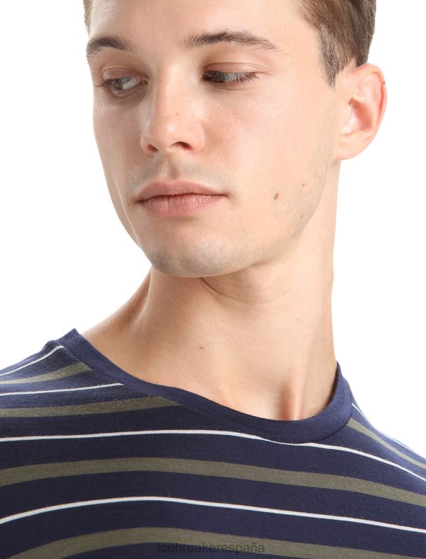 Icebreaker hombres Camiseta Merino Wave de manga corta a rayas 0V2J021 ropa azul marino medianoche/loden