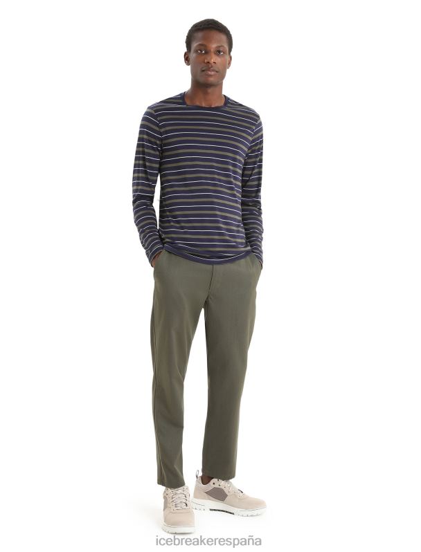 Icebreaker hombres Camiseta Merino Wave de manga larga a rayas 0V2J0197 ropa azul marino medianoche/loden