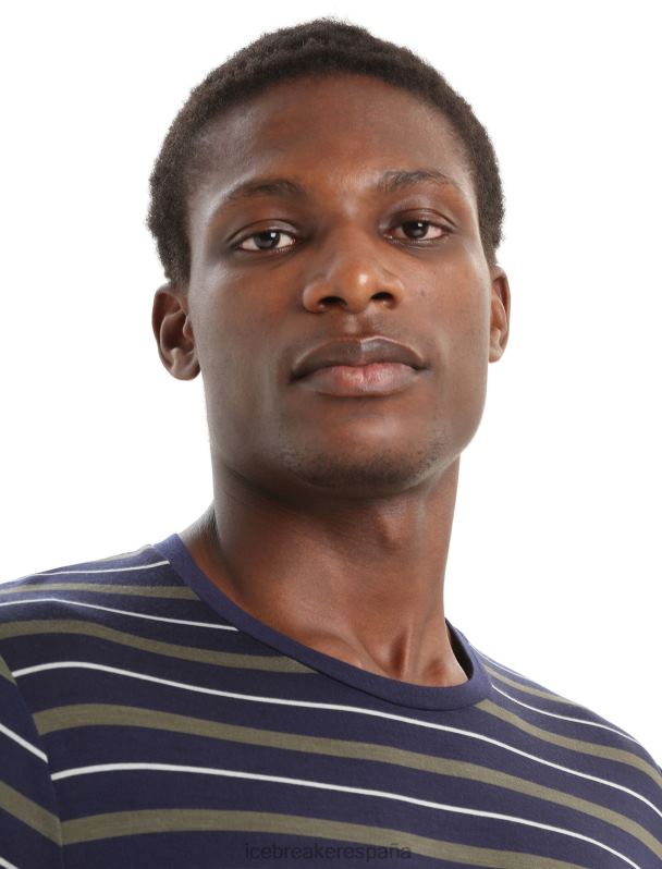 Icebreaker hombres Camiseta Merino Wave de manga larga a rayas 0V2J0197 ropa azul marino medianoche/loden