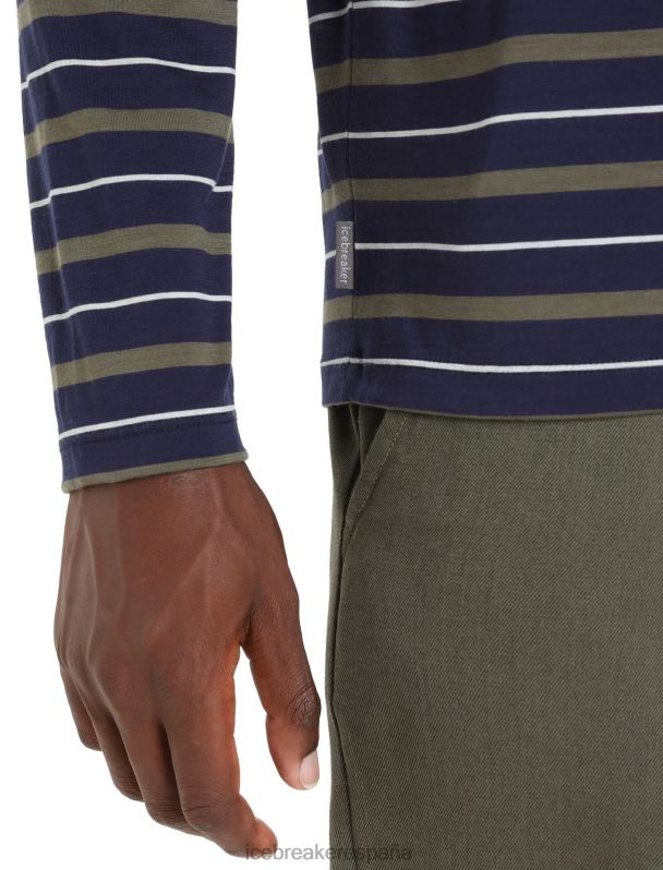 Icebreaker hombres Camiseta Merino Wave de manga larga a rayas 0V2J0197 ropa azul marino medianoche/loden