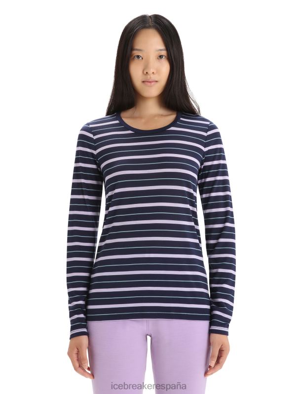 Icebreaker mujer Camiseta Merino Wave de manga larga a rayas 0V2J0695 ropa mirada azul marino medianoche/púrpura